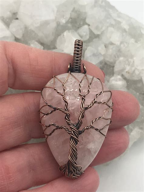 Beautiful Wire Wrapped Rose Quartz Tree Of Life Pendant Etsy