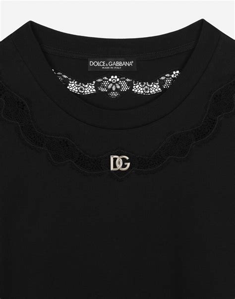 Jersey T Shirt With Dg Logo And Lace Inserts In Black For Women Dolce