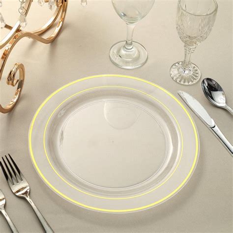 10 Pack 10 Gold Rimmed Clear Plastic Disposable Dinner Plates