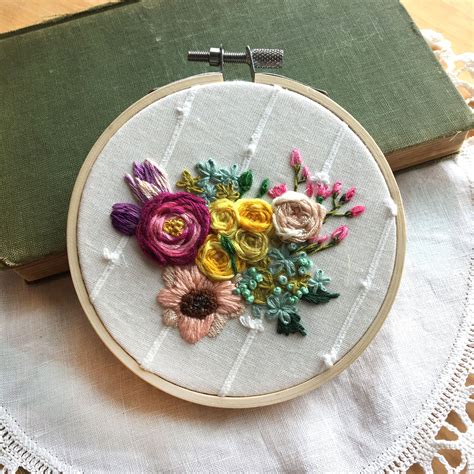 Multicolor Hand Embroidered Bouquet Of Flowers Embroidered Hoop Art