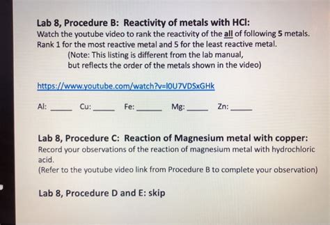 lab  procedure  reactivity  metals  hcl cheggcom