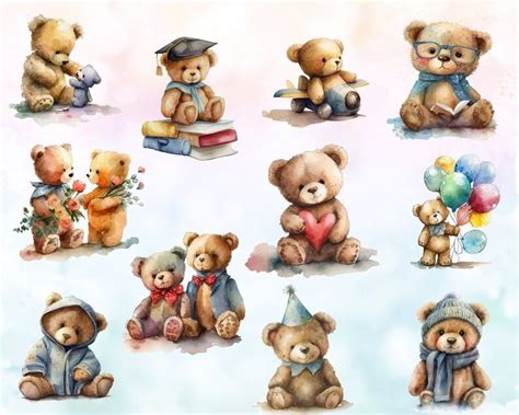 Watercolor Teddy Bear Clip Art Bundle, Teddy Bear PNG, Teddy Bear Baby ...