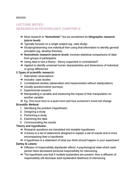 Chapter 2 Notes 0923 Lecture Notes Research In Psychology Chapter