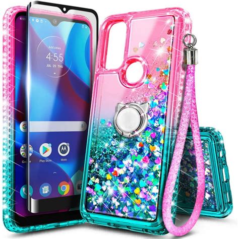 Nagebee Motorola Moto G Pure Case Glitter Liquid Tempered Glass Ring And Strap 2021