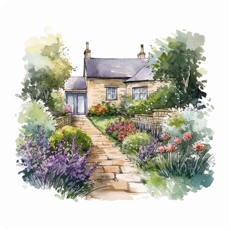 Watercolor Sketch Of A Cottage Garden Premium Ai Generated Image