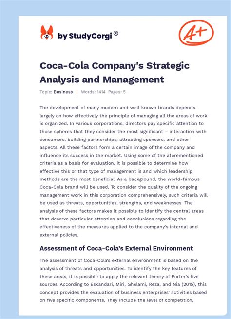 Coca Cola Companys Strategic Analysis And Management Free Essay Example