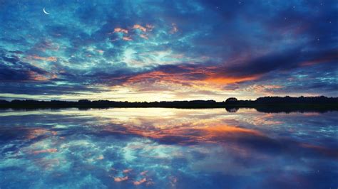 Landscape View Of Beautiful Star Moon Sky Above Calm Body Of Water K