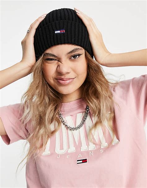 Tommy Jeans Flag Logo Beanie Hat In Black Asos