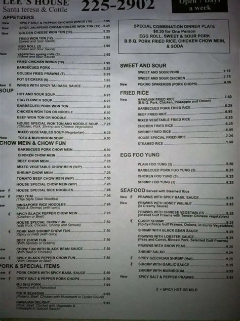 Lee's House Chinese Food Menu - Urbanspoon/Zomato