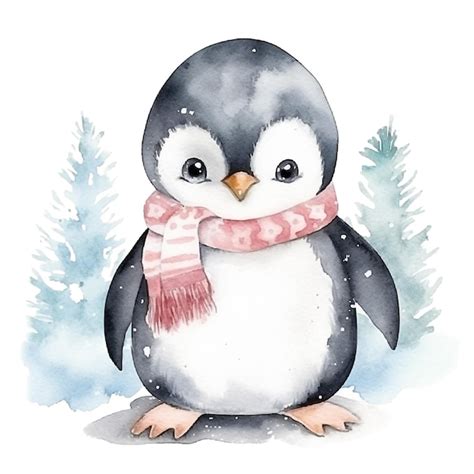 Premium Ai Image Watercolor Penguin In Scarf Isolated On White