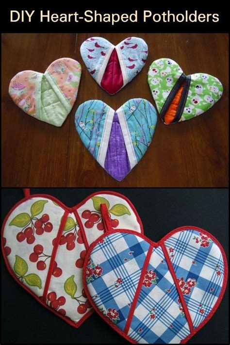 Four Heart Shaped Potholders With Different Designs On Them And The