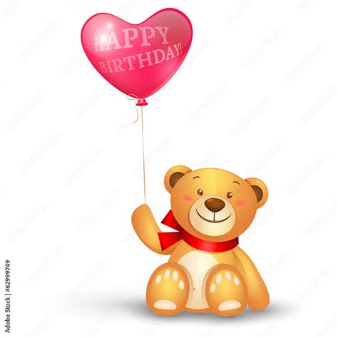 Cute Teddy Bear With In Heart Shape Balloons Birthday Greetings Stock