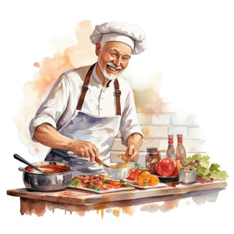 Premium Vector | Chef cooking in the kitchen watercolor illustration on white background