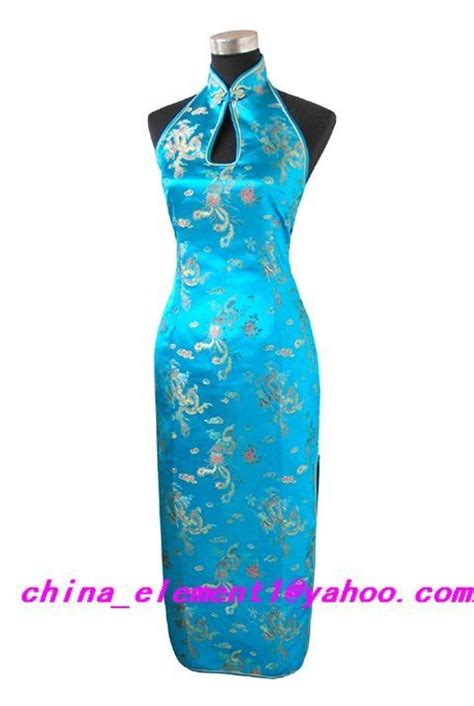 Light Blue Chinese Womens Satin Long Qipao Halter Cheong Sam Backless