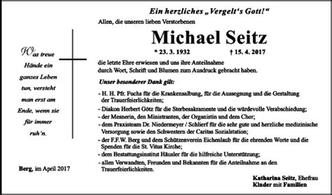 Traueranzeigen Von Michel Seitz Mittelbayerische Trauer