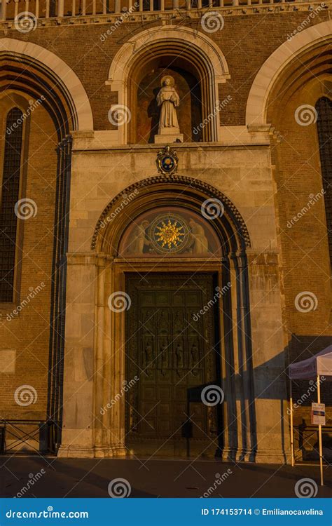 Main Entrance To The Basilica Of Sant`antonio Da Padova At Sunset Stock