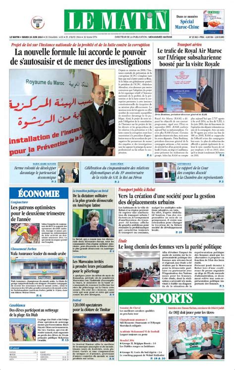 Journal Le Matin Maroc Les Unes des journaux de Maroc Édition du