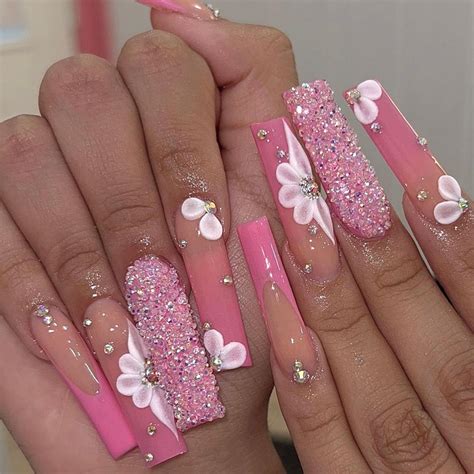 Andging Ombre Pink Press On Nails Long Square French Tip Fake Nails With Rhinestone