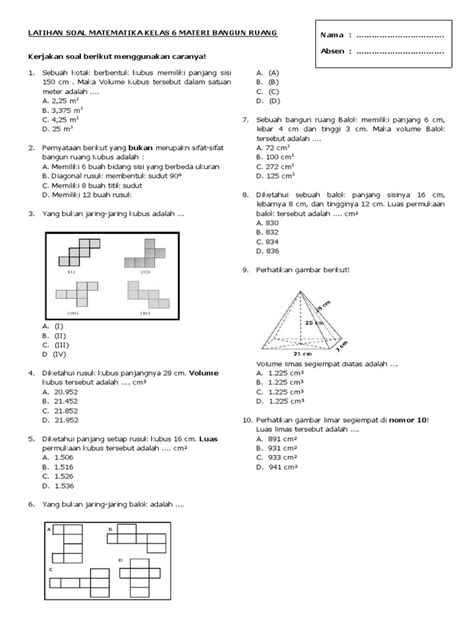 Latihan Soal Matematika Kelas 6 Materi Bangun Ruang Pdf