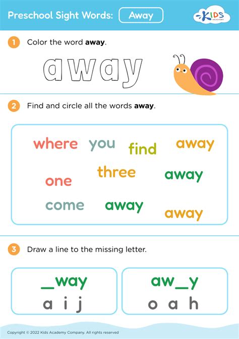 Free Preschool Sight Words Away Worksheet For Kids