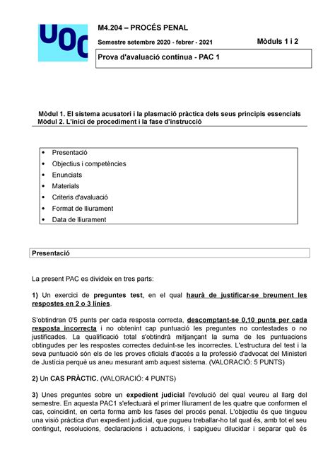 PAC 1 procés penal I sobre els moduls 1 i 2 M4 PROCÉS PENAL