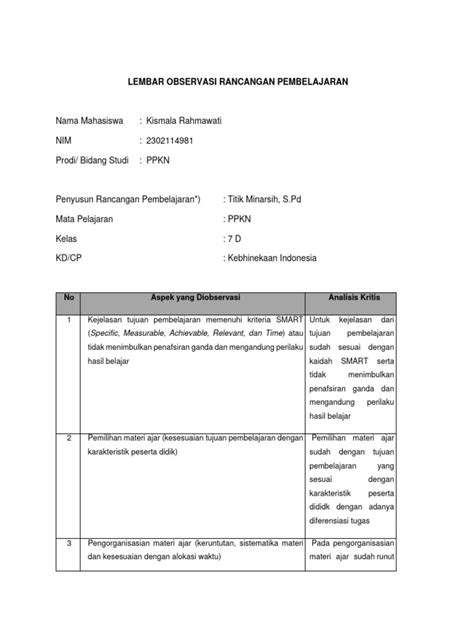 Lampiran 4 Lk 3 Contoh Format Lembar Observasi Rancangan Pembelajaran