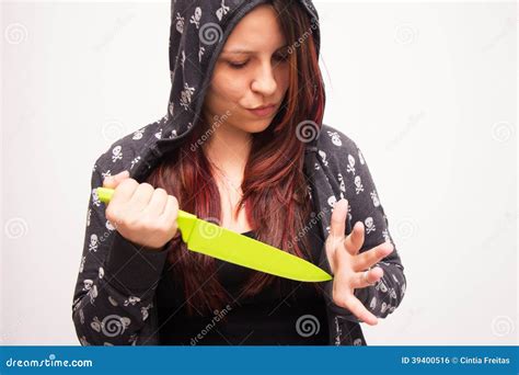 Woman With Knife In The White Background Stock Photo Image Of Brown