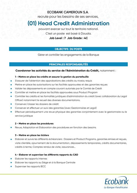 Ecobank Recrute Un Responsable De La Gestion Des Crédits Douala