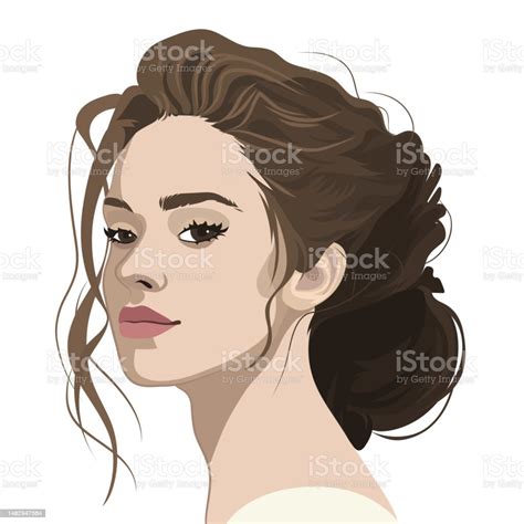 Portrait Of A Beautiful Brunette Girl With Curly Hair Stock Illustration Download Image Now