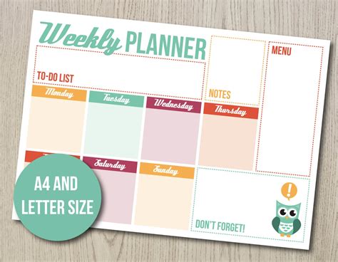 Week Planner Printable. Colourful week organizer with owl