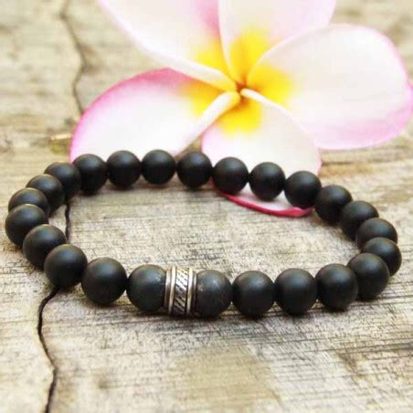 Bracelet Fantaisie Homme Perles Noires Agates Mat Et Argent