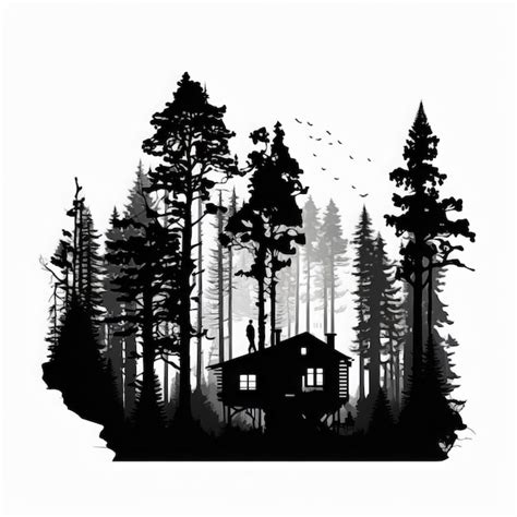 Premium Photo | A black and white drawing of a house in a forest.