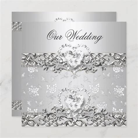 Elegant Wedding Silver White Diamond Heart Invitation Zazzle