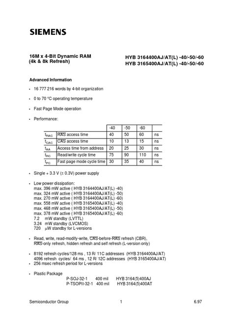 Hyb3165400at 50 Datasheet 16m X 4 Bit Dynamic Ram