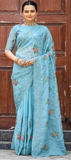 Chiffon Wedding Saree In Blue With Thread Work In Chiffon Fabric