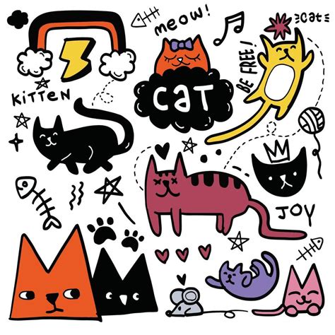 Cute Cat Doodle Collection, Isolated on White Background 53336322 ...