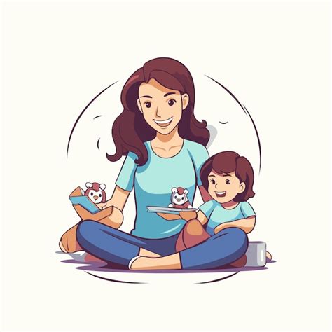 Premium Vector Mother And Daughter Sitting On The Floor And Playing With Toys Vector Illustration