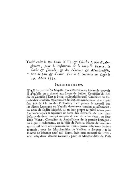 TraitÃ entre le roi Louis XIII et Charles I Roi d Angleterre pour la