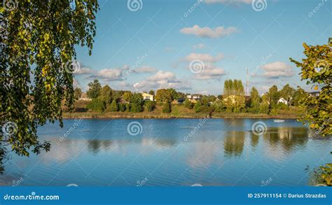 Lake Landscape Blue Water Trees And Houses Stock Photo Image Of