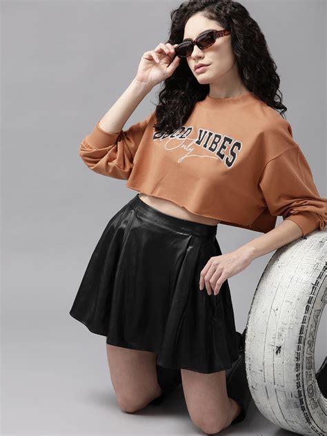 Buy Roadster Women Rust Orange Printed Crop Sweatshirt Sweatshirts