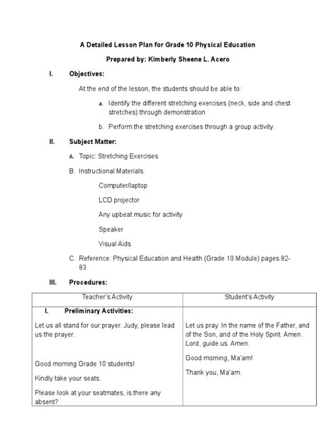 A Detailed Lesson Plan For Grade 10 Physical Education Pdf Physical