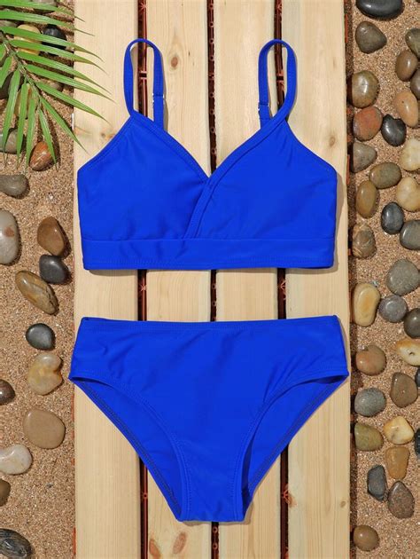 Tween Girl Plain Surplice Neck Bikini Swimsuit Shein Usa