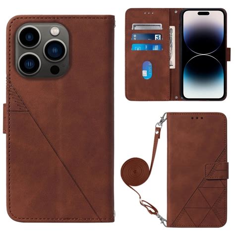 Crossbody 3D Embossed Flip Leather Phone Case For IPhone 14 Pro Brown