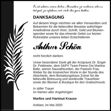 Traueranzeigen Von Arthur Sch N Trauer Nordkurier