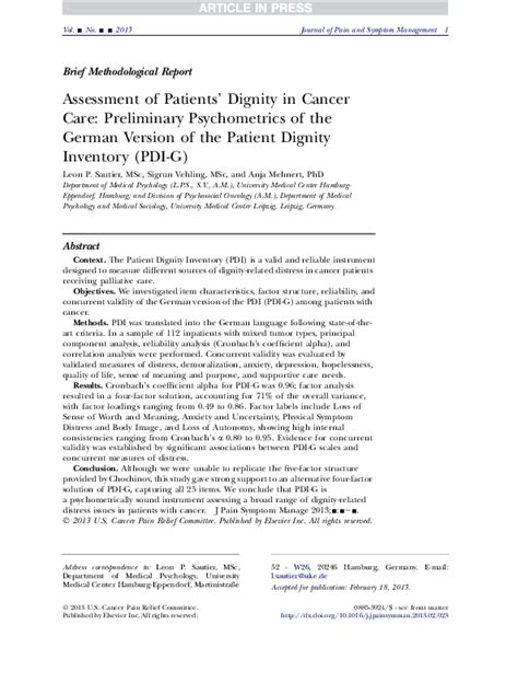 Pdf Assessment Of Patients Dignity In Cancer Care Preliminary Psychometrics Of The German