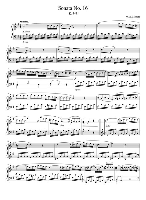 Mozart Piano Sonata No 16 In C Major K 545 Ii Andante Sheet