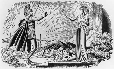 Odysseus bids farewell to his wife Penelope and infant son Telemachus ...