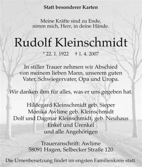 Traueranzeigen Von Rudolf Kleinschmidt Trauer In Nrw De