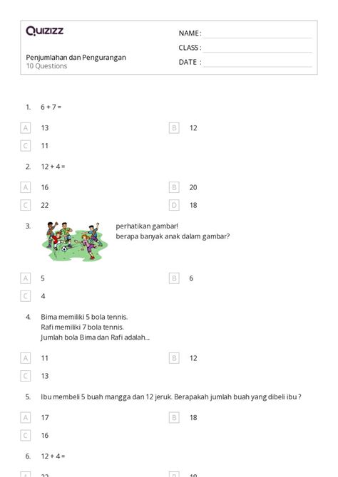 50 Lembar Kerja Pengurangan Dalam 20 Untuk Kelas 1 Di Quizizz Gratis And Dapat Dicetak