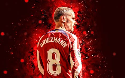 Download Wallpapers 4k Antoine Griezmann Back View Red Neon Lights